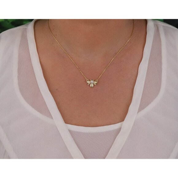 Gold Over Sterling Silver Bee Necklace 15 1/2" to 18" Minimalist - Picture 4 of 8